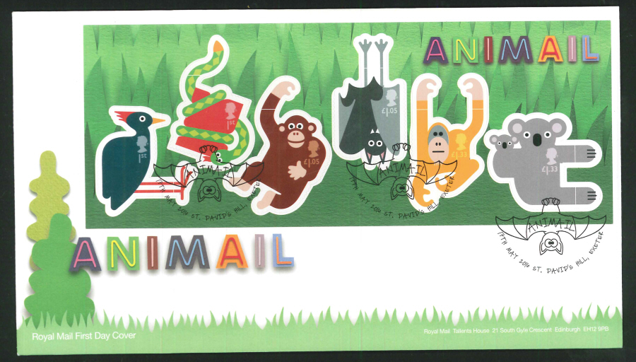 2016 - Animail Animals Minisheet, First Day Cover, St Davids Hill Exeter Postmark